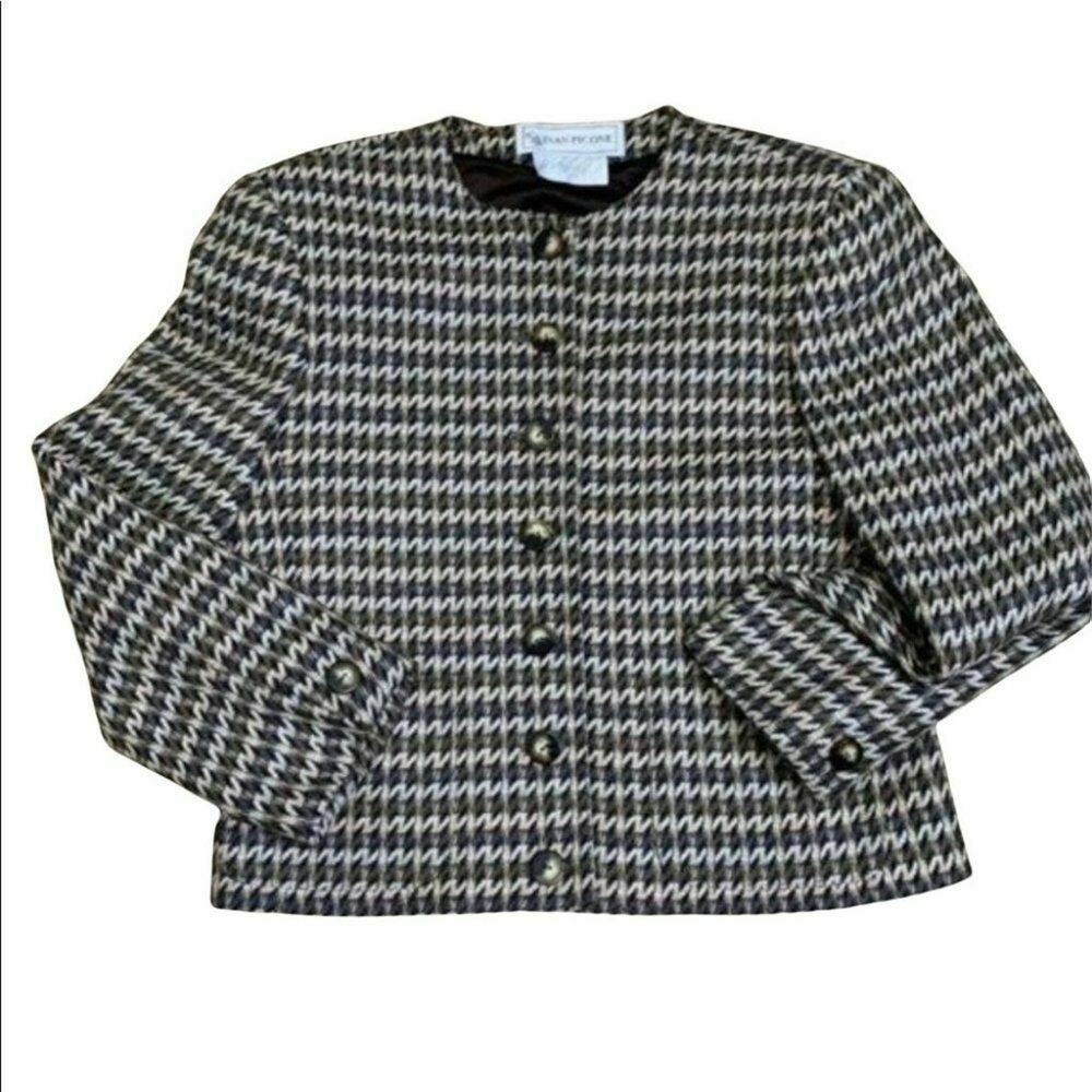 Vintage Evan Picone Wool Chevron Tweed Blazer Jacket Brown Ivory Womens 10